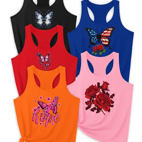 2026 Trendy Design New Tank Top, Butterfly Element Letter Print, Outdoor Sports Wear, Summer Active Wear, Activewear Vest, Workout Activewear, Sleeveless Sports Vest, Yoga Sports Vest, Workout Vests, Deep Blue 5 Pack
