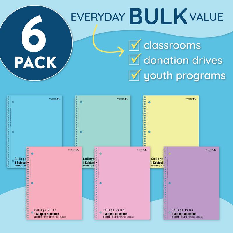 Pastel Spiral Notebook College Ruled, One Subject School Notebooks Spiral, Perforated Notebooks Bulk, 8 x 10.5 School Book, Paper, College Ruled, 6 Pack