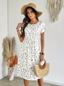 2026 New Spring Summer French Sweet Bohemian Waist Cinch A-Line Short Sleeve Elegant Aesthetic Casual Dress, Women's Fashionable Midi Dress for Daily Wear Womenswear