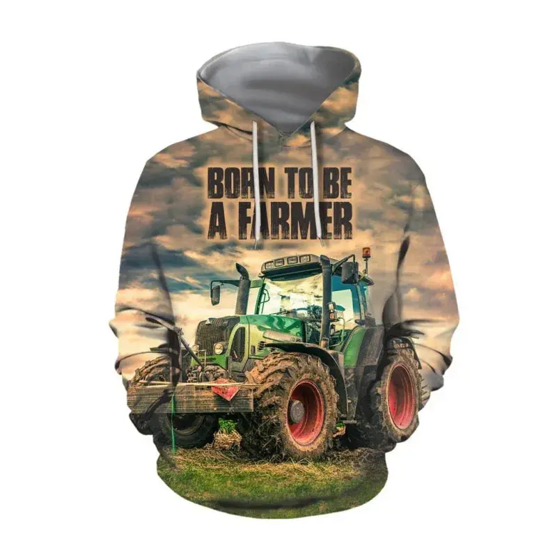 Unisex Menswear Casual Farmer Graphic Print Hoodie - Long Sleeve Polyester Pullover Tops with Tractor Design, hoodie-pzm29049