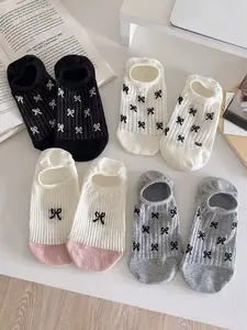 4 Pairs of Women's Spring/Summer Sweet Bow Boat Socks – Trendy dopamine colorways with soft casual girly designs, non-slip fit that stays put, adding a pop of joy to your spring outfits