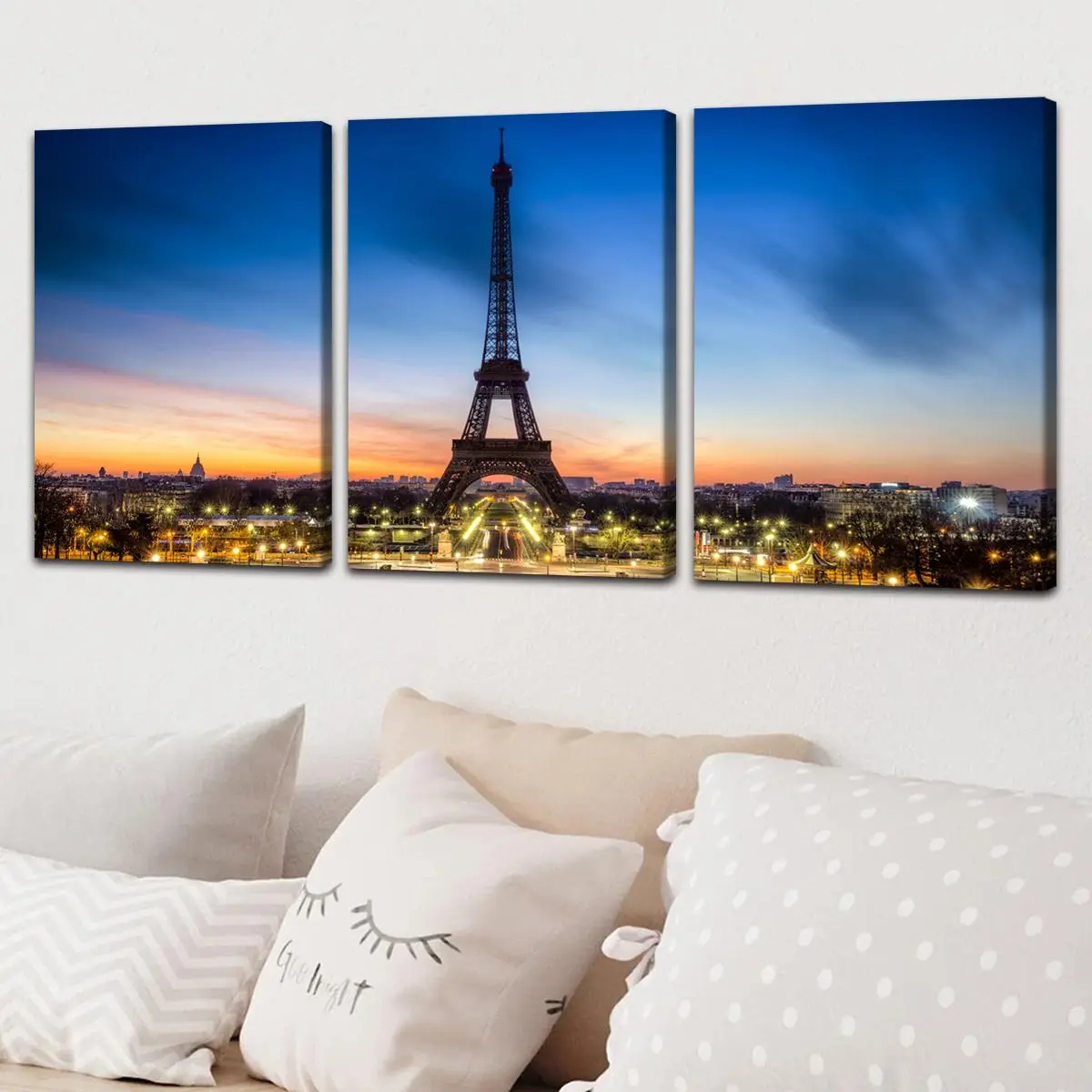 Eiffel Tower Pattern Canvas Painting, 3 Counts Wooden Framed Architectural Art Landscape Poster, Exquisite City Landscape Decoration for Living Room Bedroom, Ornaments