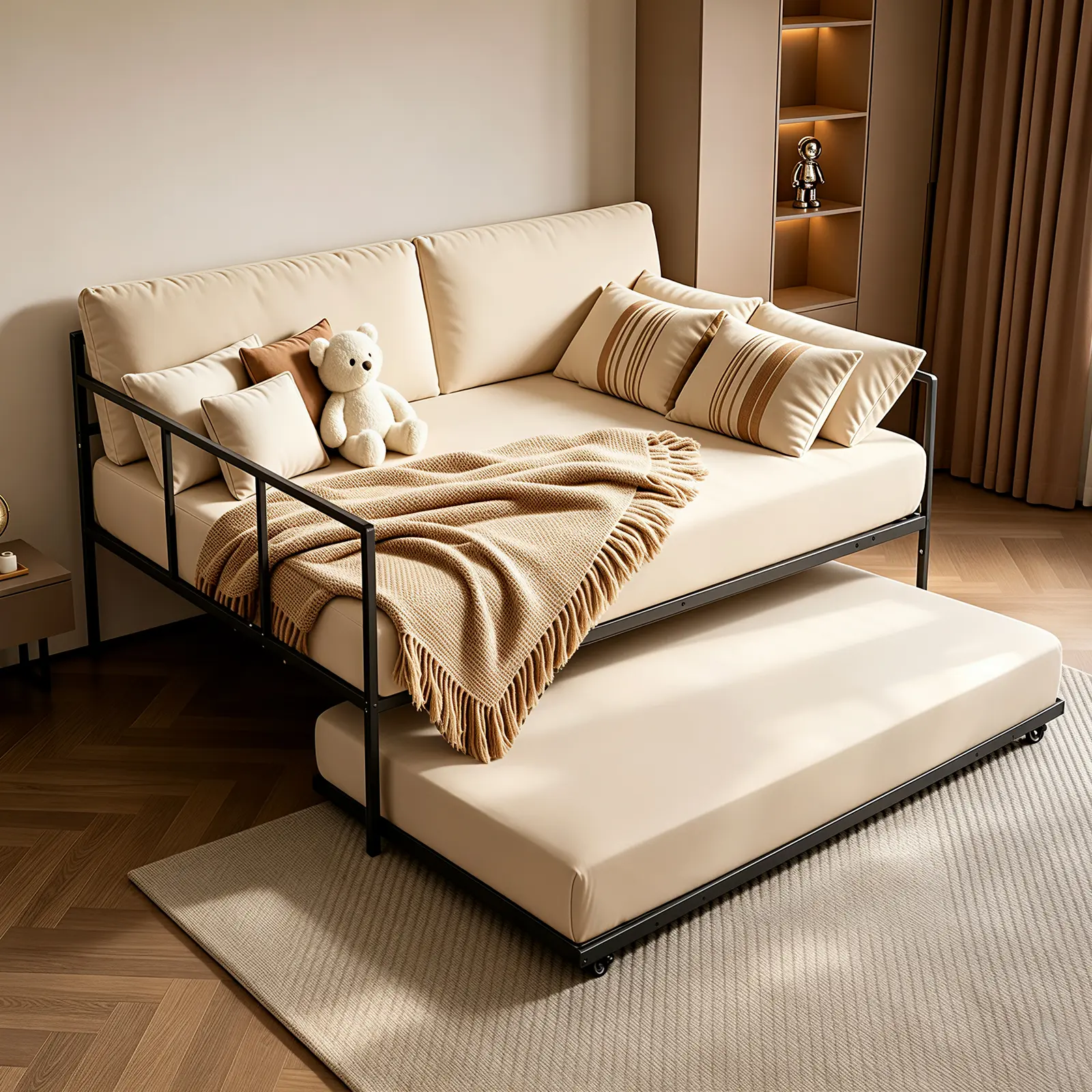 VEVOR Full Size Daybed with Pop Up Trundle Twin Size Metal Day Bed Frame, for Living Room Bedroom Guest Room, Sturdy Metal Design, Space Saving Sofa Bed, 2 Lockable Casters, Easy Assembly, Black
