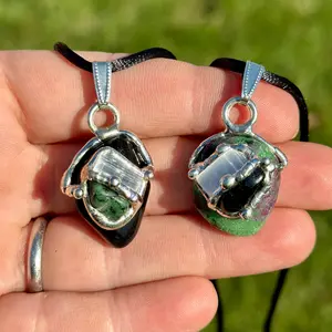 New Moon Beginnings Empath Amulet Pendant - Ruby in Zoisite, Obsidian, Clear Quartz & Selenite, Black Satin Cord, Unique Design