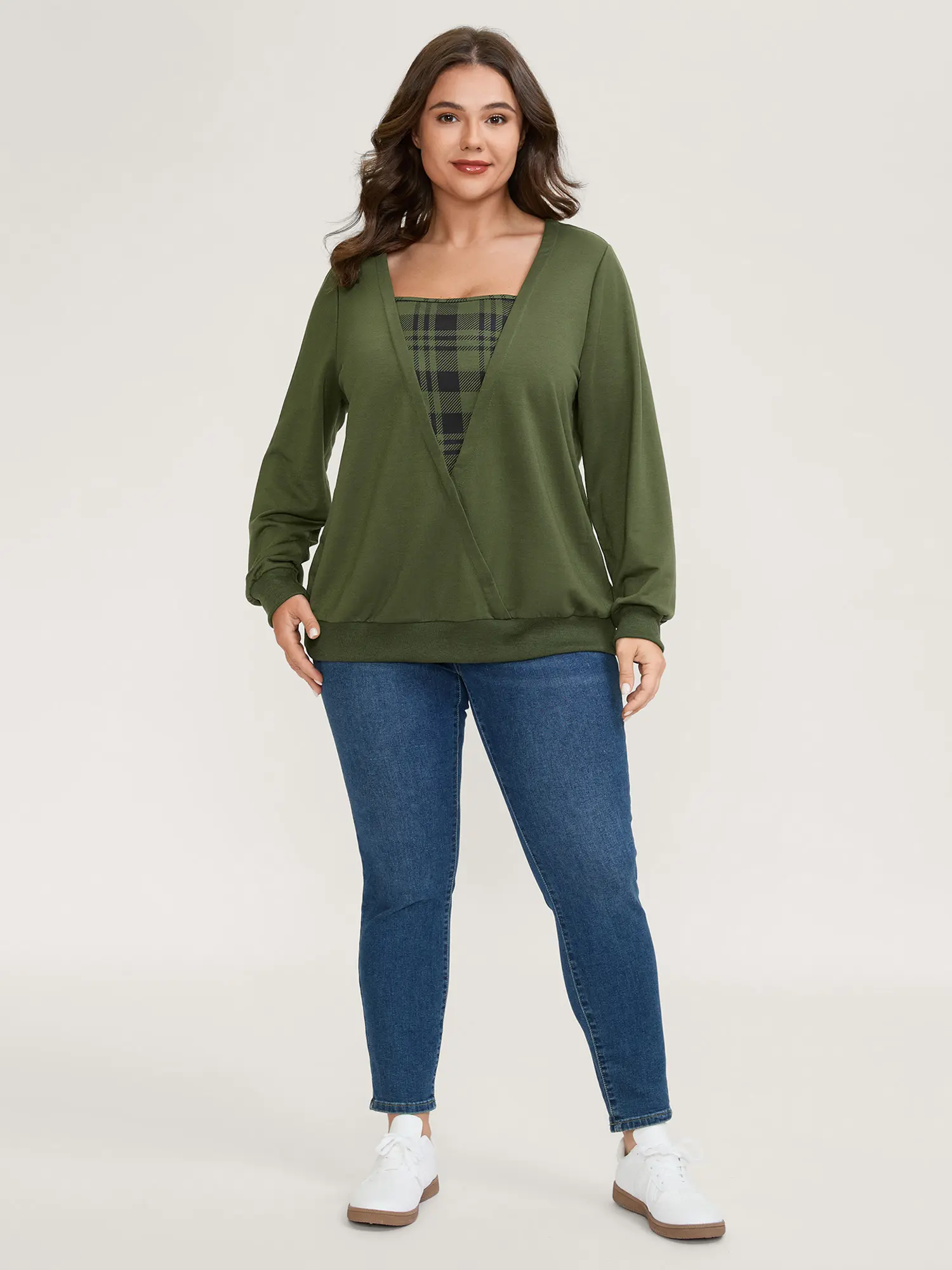 BloomChic Plus Size Casual Plaid Spliced Long Sleeve Wrap Sweatshirt with Square Neck and Contrast Binding