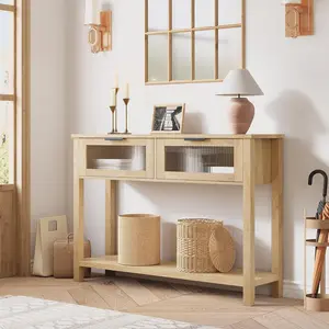 GAOMON Entryway Console Table, 47.2" Narrow Sofa Table for Behind Couch with Glass-Front Drawers, 2-Tier Open Shelf, Farmhouse Hallway Table, Natural Wood