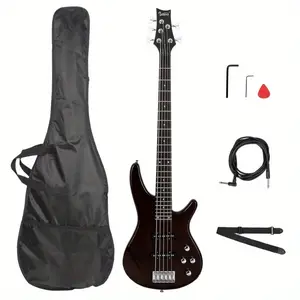 Electric 5 String Bass Guitar Full Size Bundle with Bag & Accessories in Sunset Color Earth Brown Right Handed Basswood Body Maple Neck Rosewood Fingerboard 24 Frets 34" Scale Length Split Single-Coil Pickup