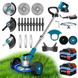 21V Cordless 3-In-1 Weeds Eater - Electric Weeds Wacker With Wheels, Foldable Design, 4 Types Of Blades, And Long-Lasting Battery For Efficient Lawn, Yard, And Garden Trimming