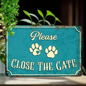 Vintage Metal 'Please Close the Gate' Sign - 11.8" x 30cm, Teal Distressed Finish with White Lettering & Paw Prints, Indoor/Outdoor Wall Decor for Home Office or Garden, Metal Outdoor Decor, 2D Flat, Perfect for Room Decor