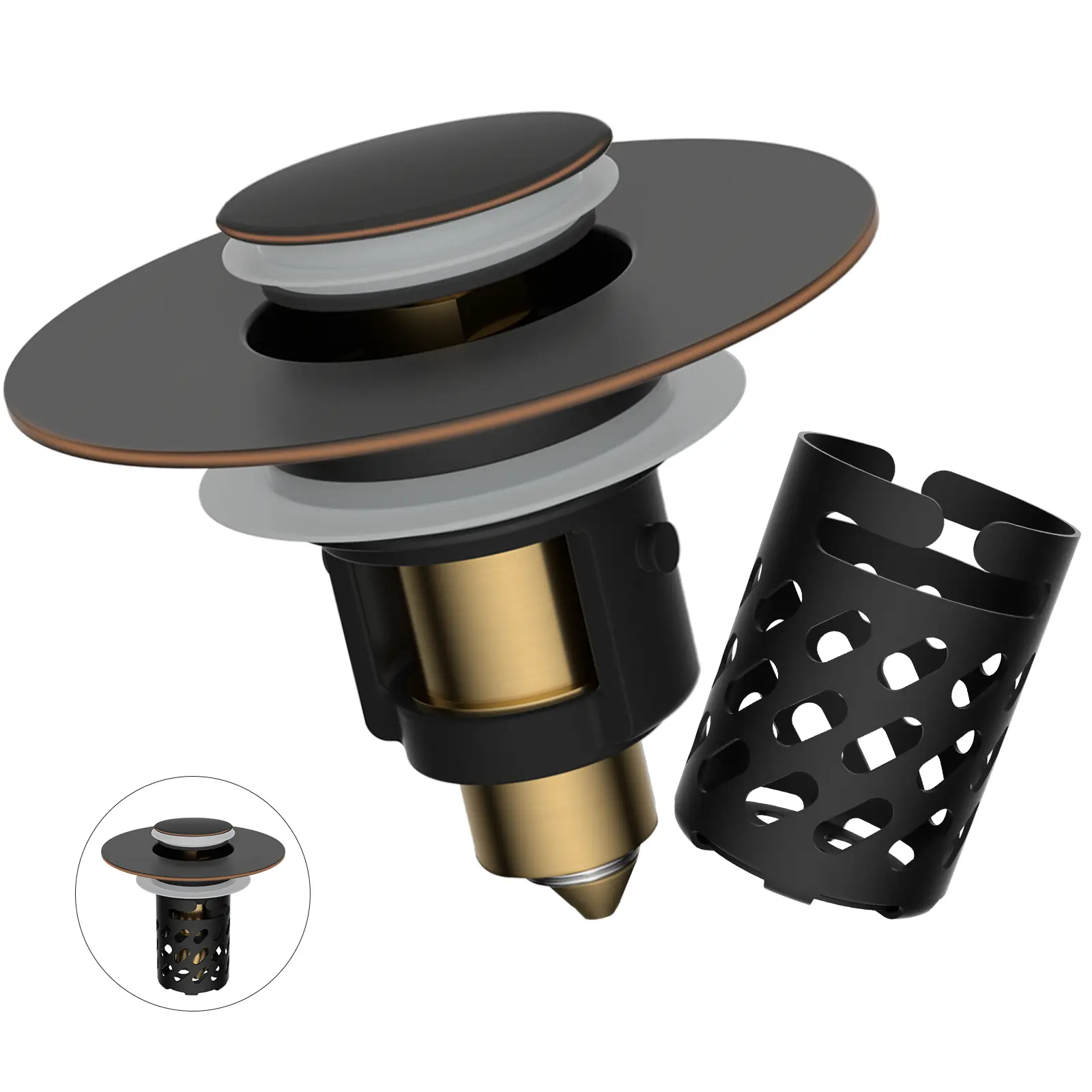 All Metal Bathroom Sink Stopper, Pop Up Sink Drain Strainer with Removable Stainless Steel Filter Basket, Universal for 1.1"-2.36" Sink, Brass Bounce