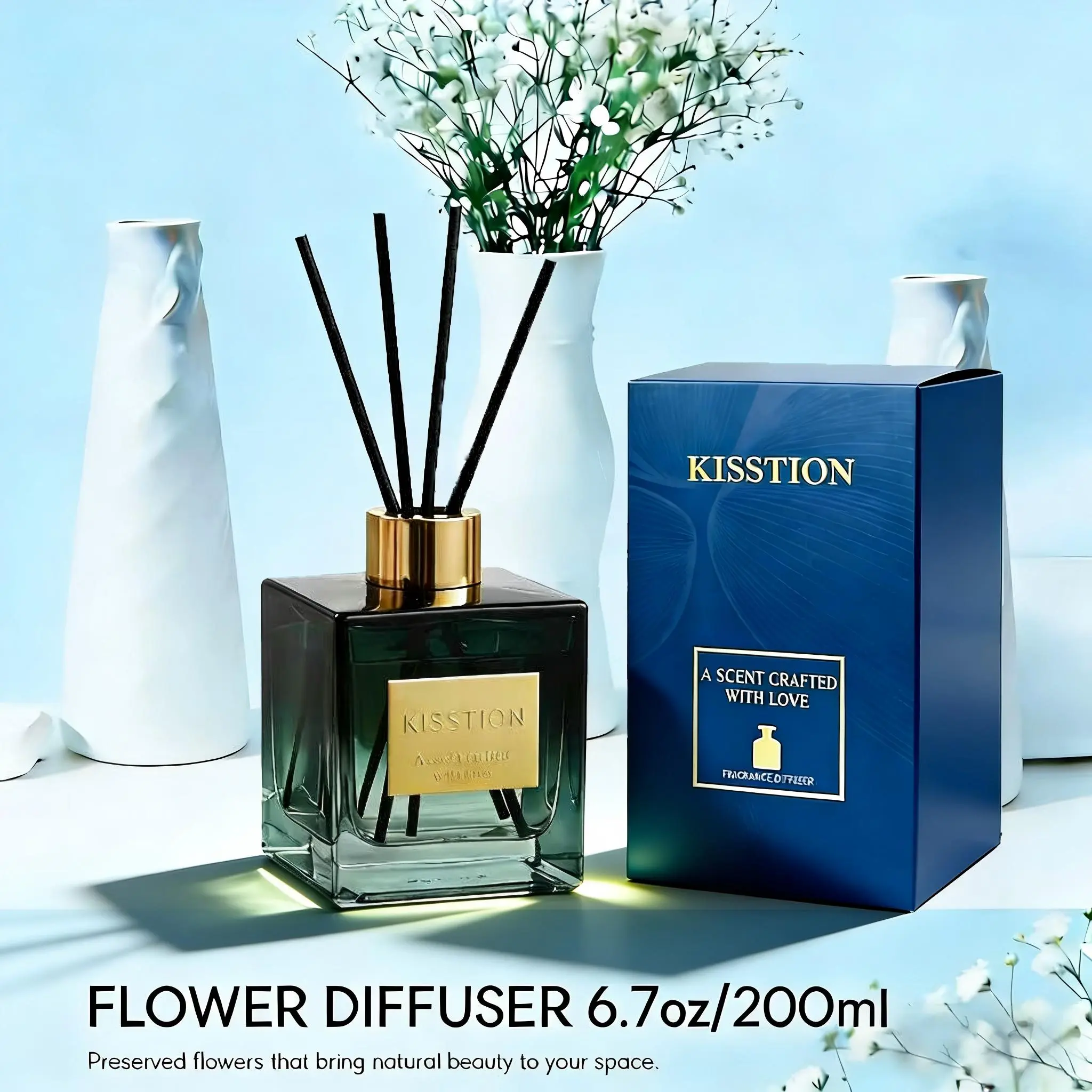 KISSTION Woody Scented Reed Diffuser Essential Oil Freshener - Fire-Free Aromatherapy, Great Forest Fragrance, Home & Bathroom Room Scents, Long-Lasting Soothing Relaxation