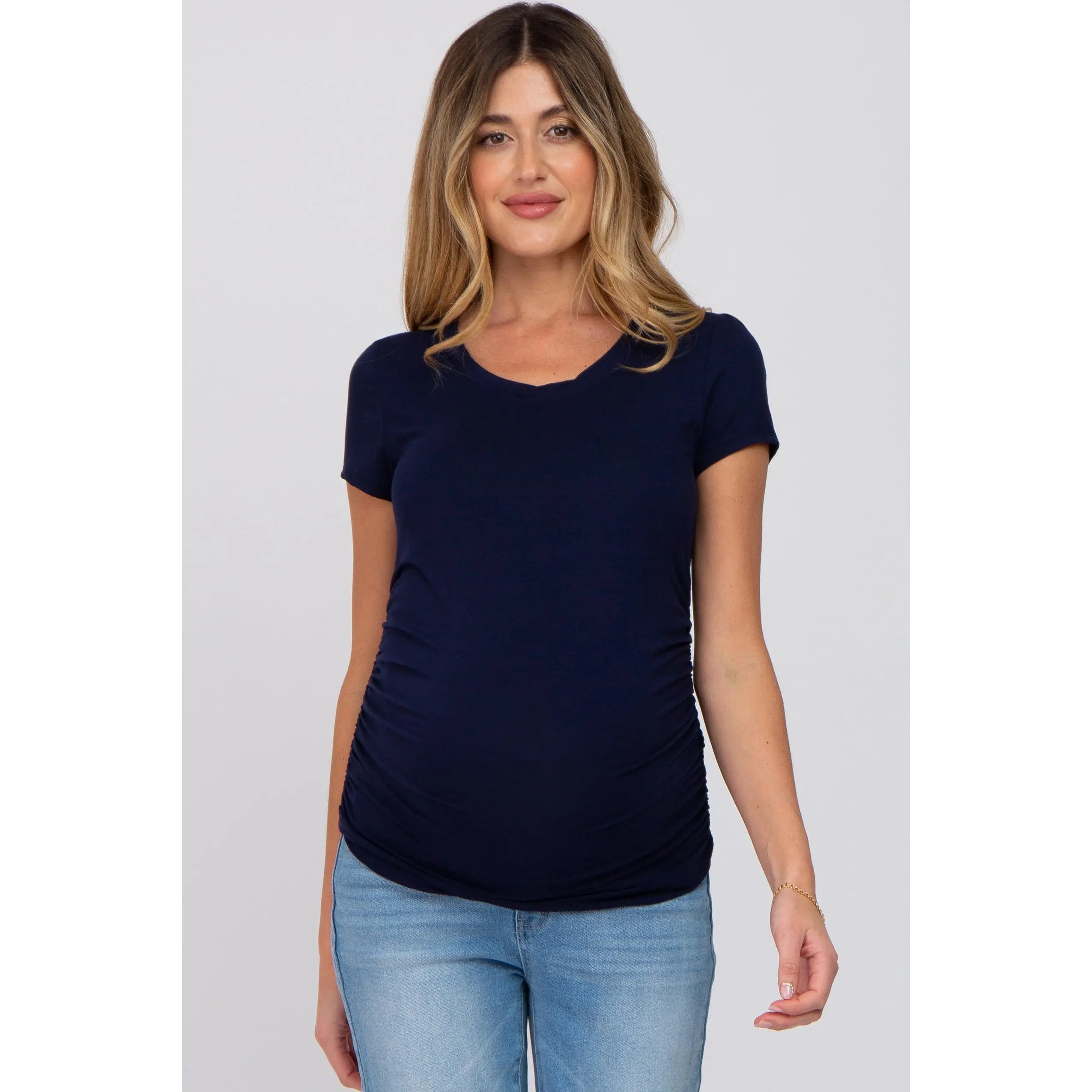 Women's Maternity Fitted Top - Navy Blue Solid, Round Neck, Short Sleeve Maternityclothes with Side Ruching