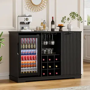 MIIFUNY Fluted Wine Bar Cabinet with Fridge (Fridge Included), 47" Coffee Bar Cabinet with Wine Rack and Glass Holder, Liquor Cabinets with Drawer & Storage, Home Bar for Dining Room Kitchen, Black