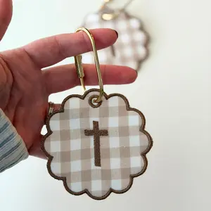 Tan Gingham Cross Bag Tag - 3" Scallop Design with Embroidered Brown Cross & Brass Gold Carabiner Clip for Easy Attachment