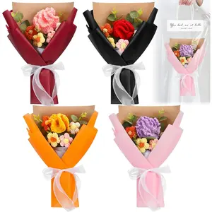 4 Pcs Flowers Bouquet Knitted Carnation Artificial Flower Bouquet with Wrap for Mother's Day Nurse Teacher Gift Birthday Wedding Anniversary Graduation Wedding
