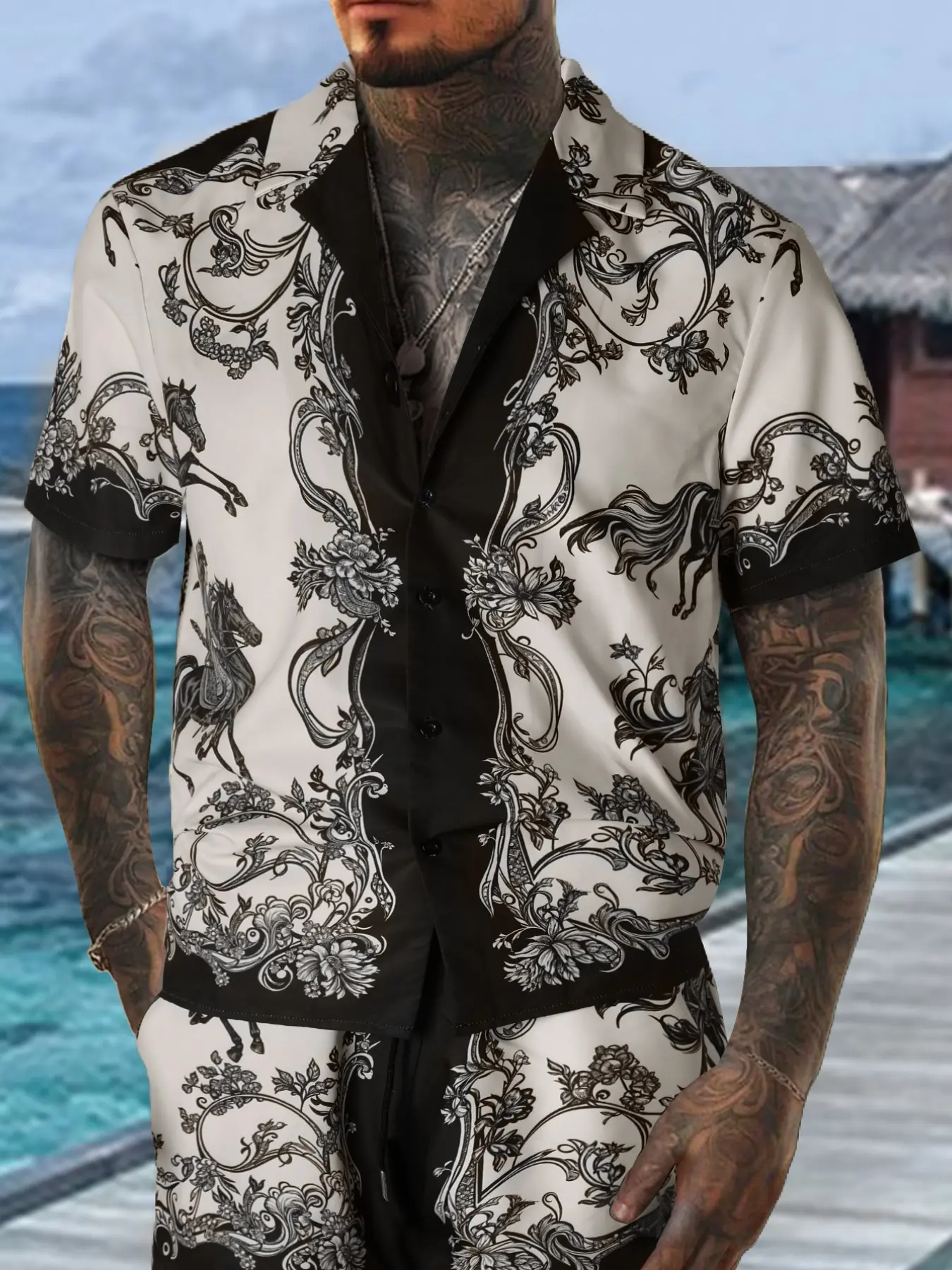 Men's Equestrian Print 2-Piece Casual Menswear Loungewear Top Shorts Set - Camp Collar Shirt & Drawstring Shorts, Ultra-Soft Breathable Fabric, Relaxed Fit for At-Home Lounging, Working From Home & Lazy Weekends