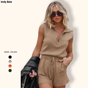 Imily Bela Women's Casual Sleeveless Short Rompers Summer Half Zip Lapel Collar Drawstring Knit One Piece Jumpsuit with Pockets