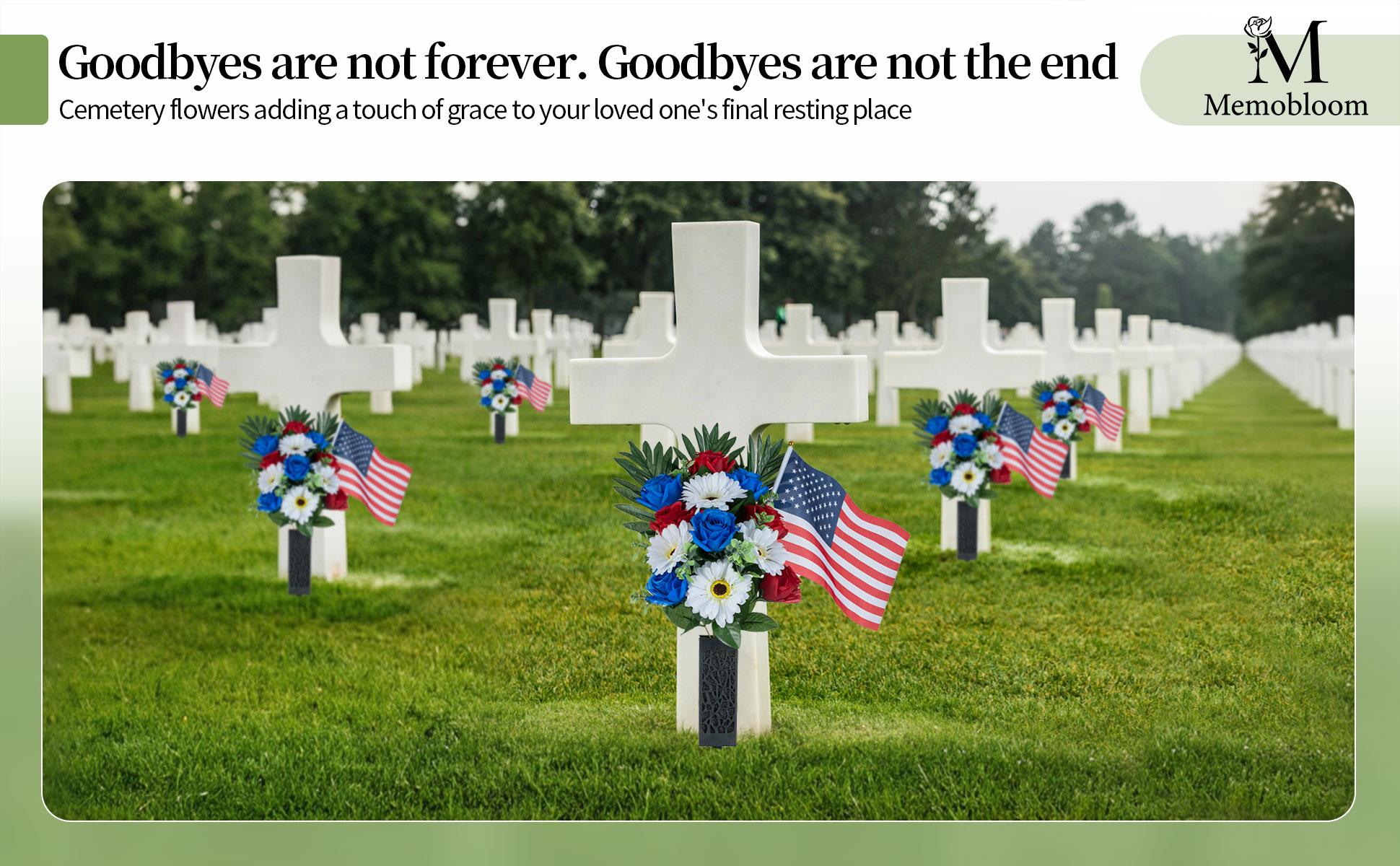 Memorial Day Flowers for Cemetery: 2 Pcs Outdoor Grave 250th Anniversary USA Decorations - Artificial Patriotic Cemetery Flowers for Grave - Red White Blue Roses with American Flags Vase