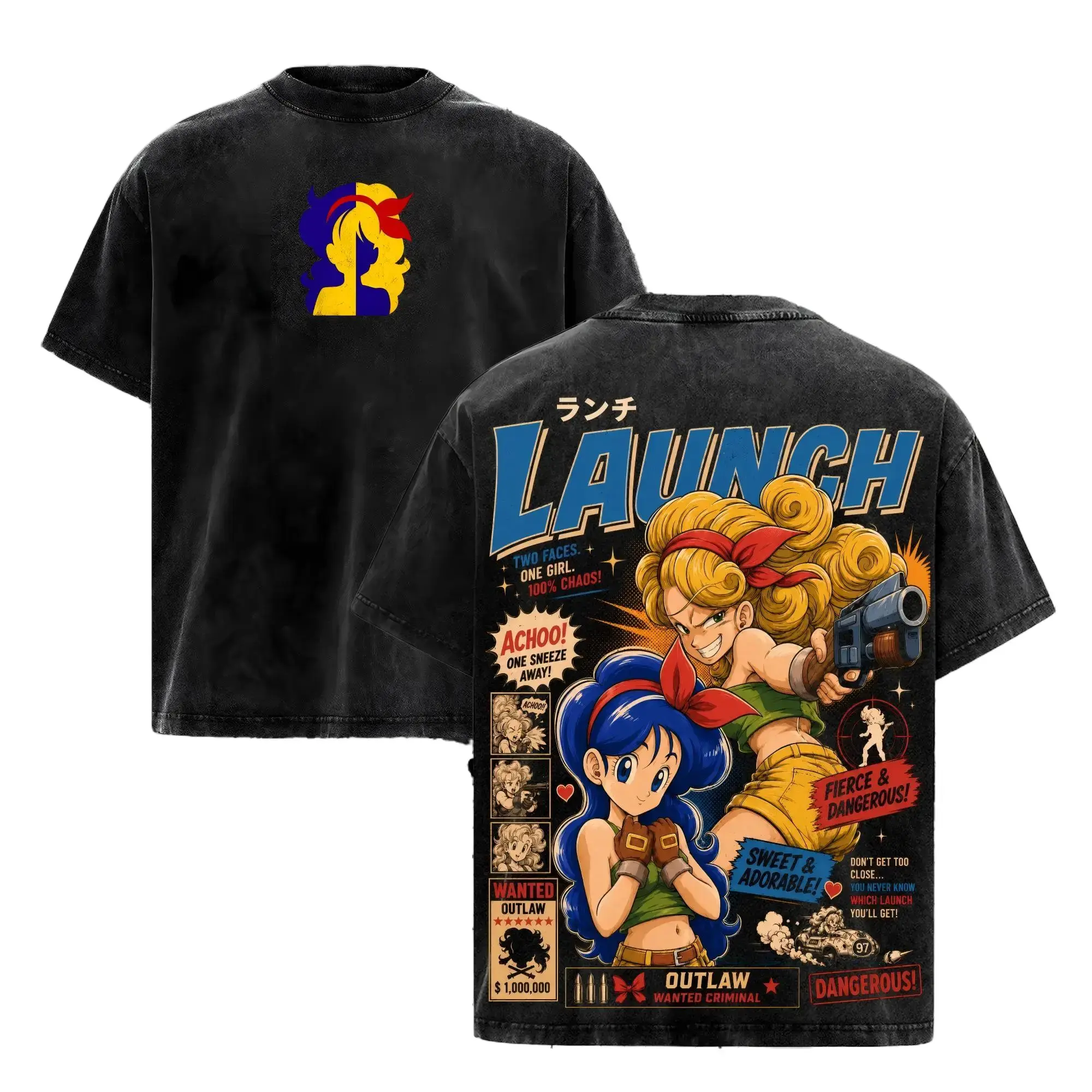 ST 100% Washed Cotton Launchh T-Shirt, Blonde Blue Hair Outlaw Anime Graphic Tee, Back Print Vintage 90s Anime Shirt, Graphic Tees Men, Trendy Tshirts, Men's T Shirts, DBZ Streetwear, Unisex Cotton Distressed Tee, Merch For Men