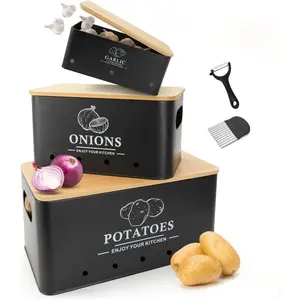 Kitchen Vegetable Storage Set of 3 Metal Onion Garlic Potato Storage Set Kitchen Canisters Vegetable Keeper Containers with Aerating Holes and Wooden Lid Black