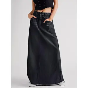 Women's solid color button fly denim skirt, retro skirt, fashionable casual street long skirt, suitable for daily outdoor wear, spring and autumn women's underwearRAIMENTRY