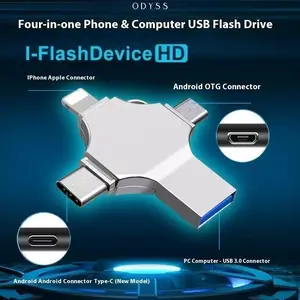 Quriov USB Flash Drive, 4-in-1 OTG Memory Stick, Plug and Play External Storage Compatible with iPhone iPad Android Phones PC, Phone Accessories Portable.