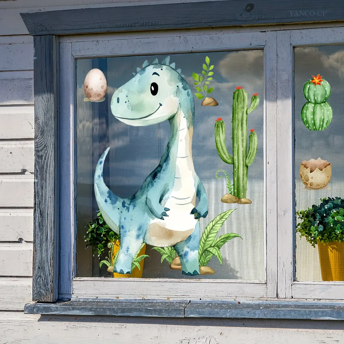 A new-style small dinosaur cactus window sticker, double-sided visible static glass sticker, Removable window decal, for bedroom, living room and bathroom window decoration, model D19028