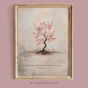 Rooted and Grounded in Love Ephesians 3:17 Unframed Poster - Cherry Blossom Floral Bible Verse Art - Inspirational Christian Botanical Print for Her