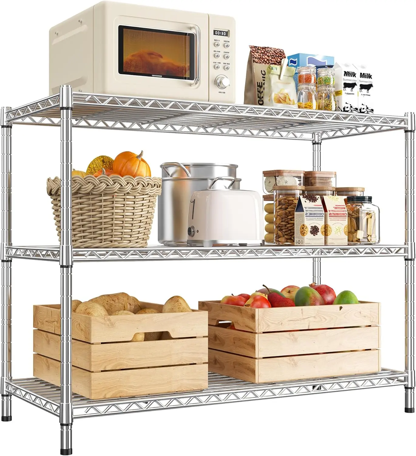 【Compact Space Storage Rack】3 Tier Metal Shelving Unit, Adjustable Height Storage Shelves, Heavy Duty Garage Steel Shelving for Office,Small Wire Rack Shelf for Kitchen Shelves Bathroom Pantry Closet,Make your Mom Happy, 35.6''W x 14''D x 36H'', Chrome