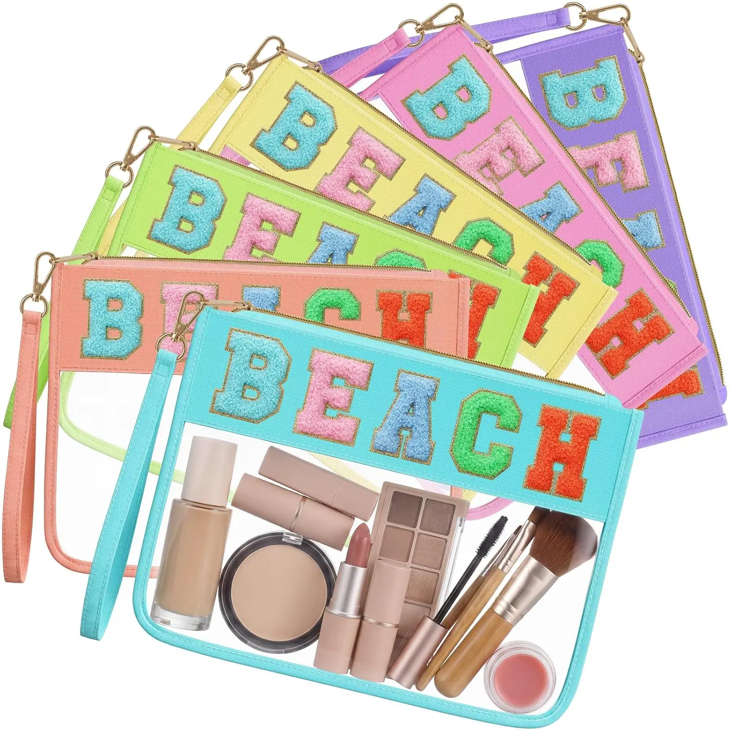2/6 Pcs Beach Bags Chenille Letter Clear Makeup Bag with Zipper Waterproof Cosmetic Toiletry Pouch with Handle Gym Travel Summer Gifts for Women Girls (Multicolor, Beach)