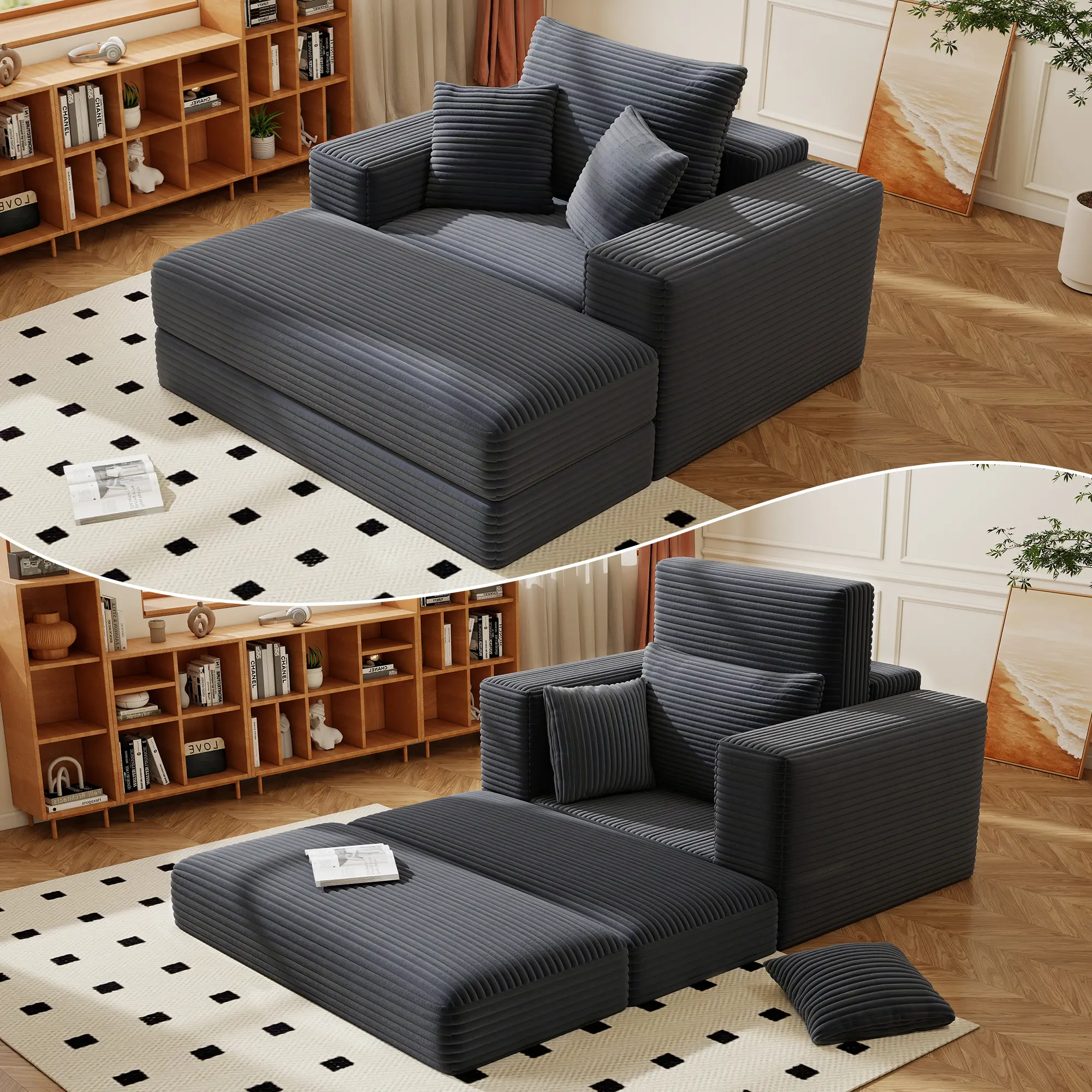 85" Modern Rectangular Corduroy Plush Floor Sofa Lounge - Single Chaise with Ottoman, Convertible Boneless Sofa Bed Sleeper, No-Assembly Reading Couch with Polyurethane Foam for Living Room, Apartment sohochic