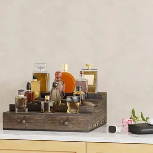 Wooden Cologne Organizer for Men/Women, 4 Tier Cologne Stand with Drawer, Retro Perfume Stand Organizers, Display Riser Shelf Holder for Skincare and Makeup Organizers (Brown)