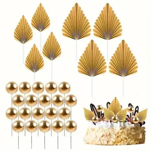 28 Gold Palm Leaf Cake Decorations, 20 Gold Foam Balls, 8 Paper Palm Leaves, Wedding Birthday Party Supplies, Elegant Cake Toppers