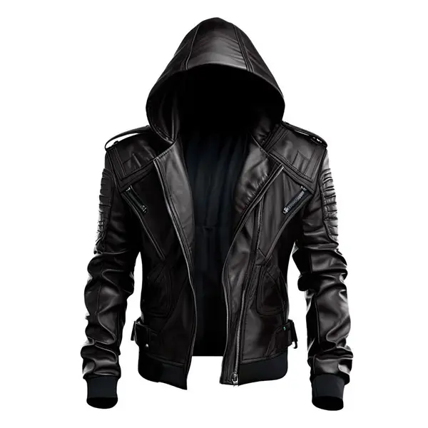 Men's Leather Hooded Biker Jacket – Burgundy Real Leather Motorcycle Zip-Up Jacket with Quilted Sleeves