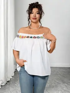 Plus Size One Shoulder Embroidered Lace Trim Loose Top, Summer Casual Light Date, Multi-Scene Wearable Blouse Shirts