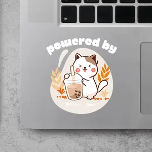 Cute Cartoon Cat Lover Powered By Boba Bubble Milk Tea 2x2 inches Cut Out Sticker