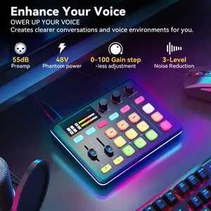 The G1 gaming audio mixer is a streaming RGB PC mixer with an XLR microphone jack, volume slider, mute button, and 48V phantom power, suitable for audio console devices for live streaming and podcasting.
