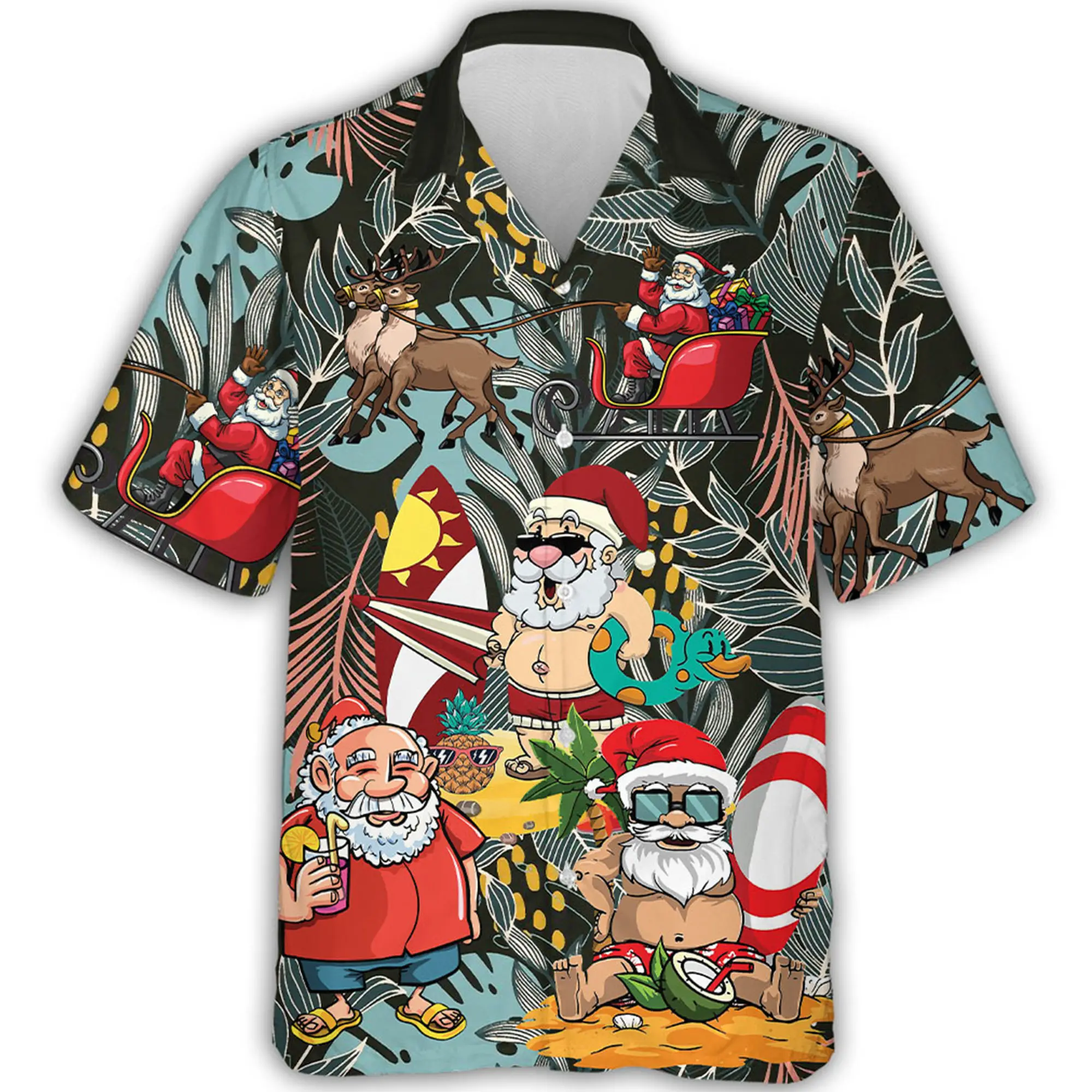 Funny Santa Hawaiian Shirt, Tropical Christmas Button Down Shirt, Surfing Santa Beach Vacation Shirt, Holiday Party Gift for Men