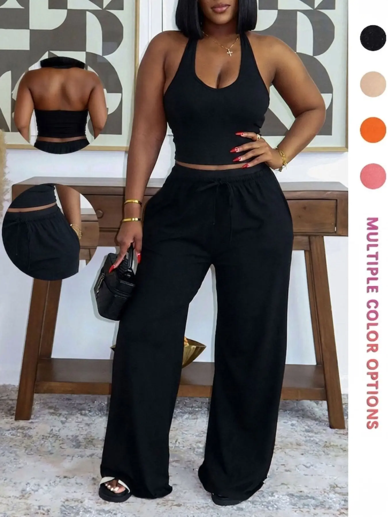 Summer New Women's Halter Neck Slimming Top & Wide-Leg Pants, Casual Backless Waist Cinch Crop Top & Drawstring Waist Pants, Womenswear