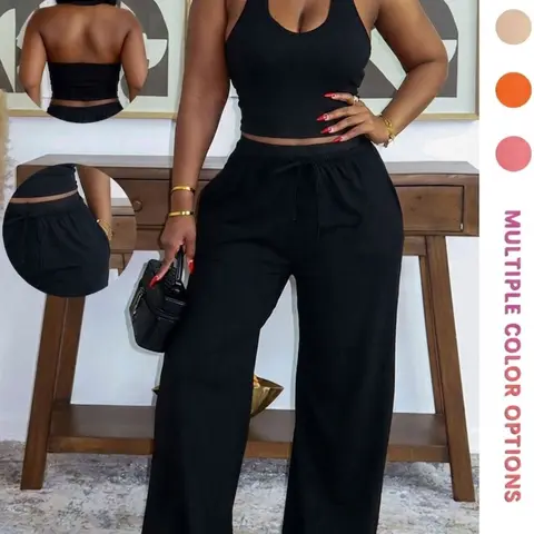 Summer New Women's Halter Neck Slimming Top & Wide-Leg Pants, Casual Backless Waist Cinch Crop Top & Drawstring Waist Pants, Womenswear