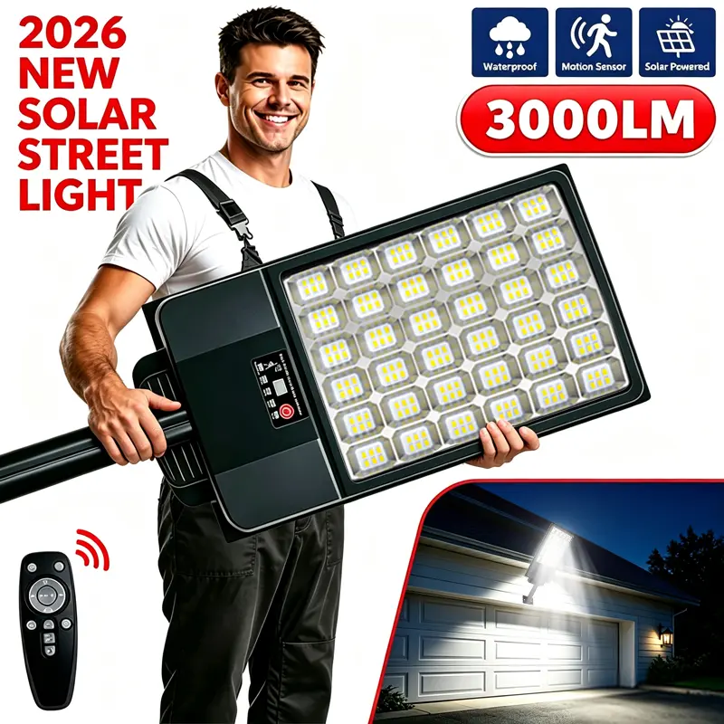 Solar Outdoor Light, Large Street Light, 3000LM Super Bright Upgraded LEDs, 4900mAh Battery for Long Runtime, Remote Control, Motion Sensor, Automatically Turns On at Dusk to Dawn, IP65 Waterproof, Sturdy, Durable, Wide Area Lighting, for Yard, Garage, St