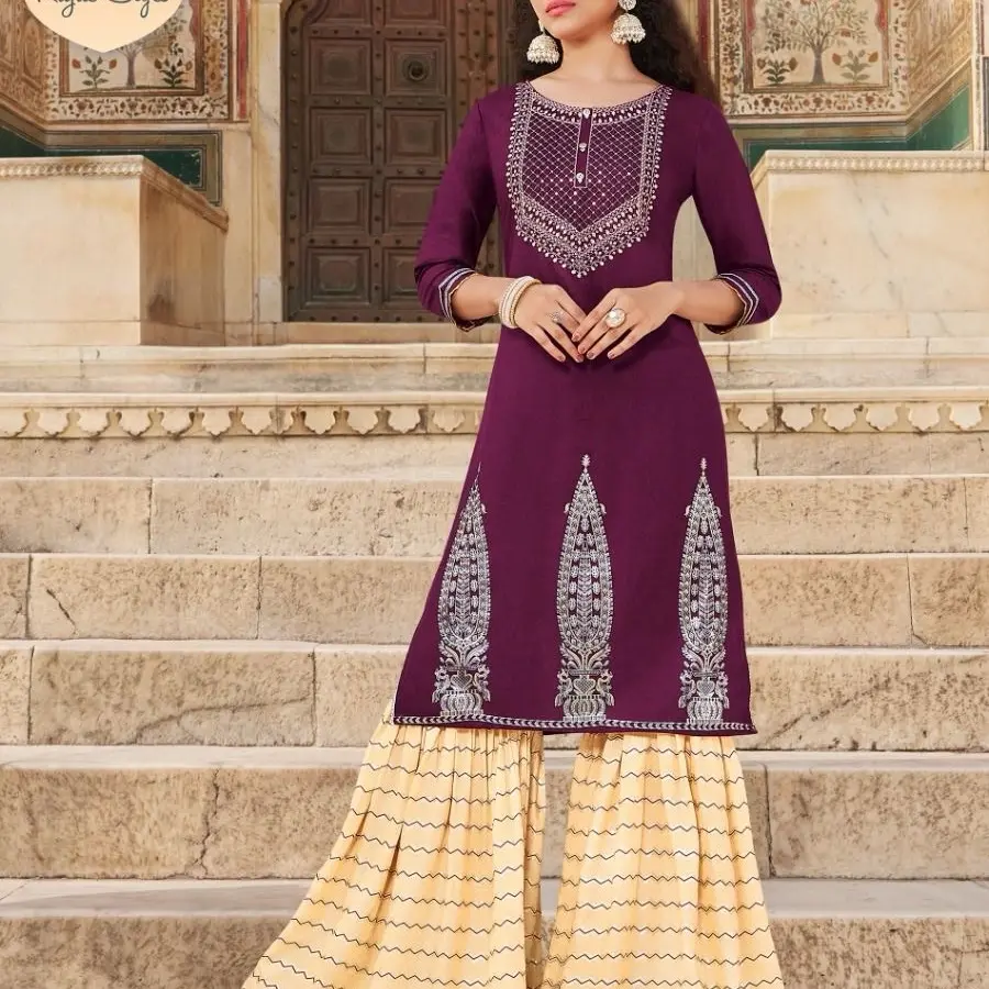 Heavy Rayon Embroidery Kurti with Sharara - Kajal Style Present Fashion