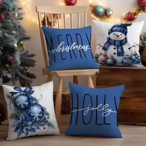4-Piece Christmas Pillow Covers Set, Single-Sided Print, 45x45cm, Tree Snowman Snowflake Design, Short Plush Material, Hidden Zipper, Home Textile