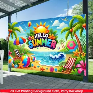 1PC， Hello, summer beach background fabric, beach ball themed photography background, made of polyester material, suitable for photo booths, parties, birthdays, Hawaiian celebrations, and indoor and outdoor home wall decoration