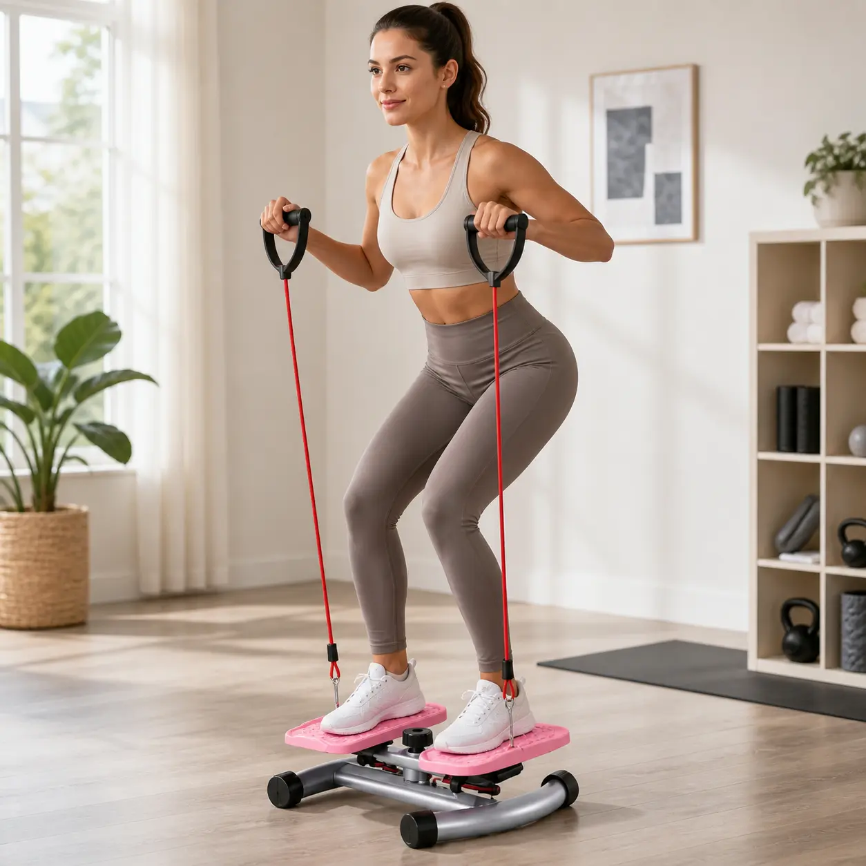 Mini Stepper with Resistance Bands, Compact Stair Step Exercise Machine for Full Body Cardio Workout, Portable Home Gym Equipment for Women and Men, Pink.blue