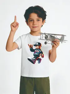 Roblox Game Cartoon Character Cool Figure Design Print Short Sleeve T-Shirt, Boys Round Neck Summer Fashion, Youth Casual Wear