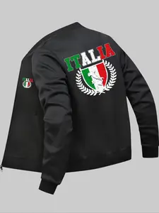Men's Italy Flag & Letter Print Zip Up Baseball Collar Jacket, Casual Zipper Coat, Regular Fit Casual Long Sleeve Pocket Outerwear for Daily Wear, Fashion Men's Clothes for All Seasons