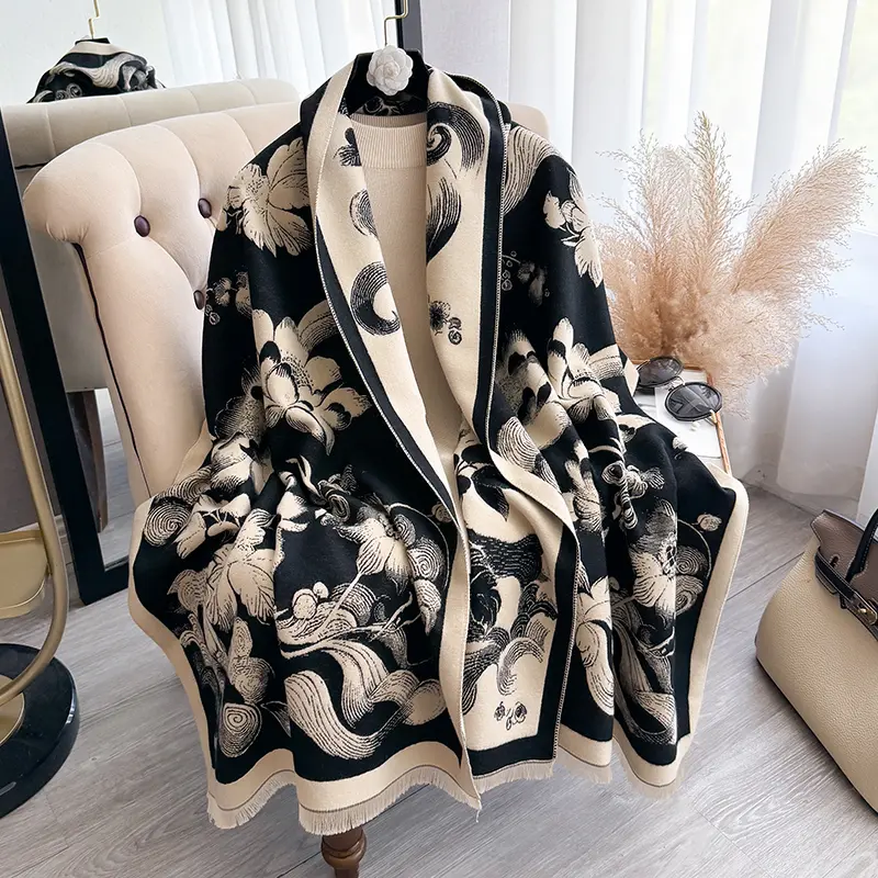 Luxury Floral Print Cashmere-Like Scarf - Oversized Reversible Shawl Wrap for Women, Soft Warm Blanket Scarf for Fall Winter