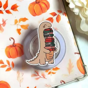 Book Lover Dinosaur MagSafe Phone Grip, Magnetic Pop Socket Kickstand, Cute Reader Phone Holder Accessory