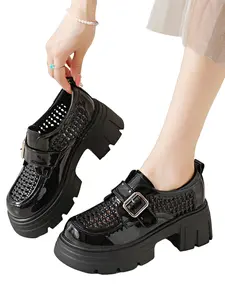Summer Hollow Out Breathable Thick Sole Loafers for Women, Velcro Buckle Height Boost Platform Shoes, Glossy Single Shoe